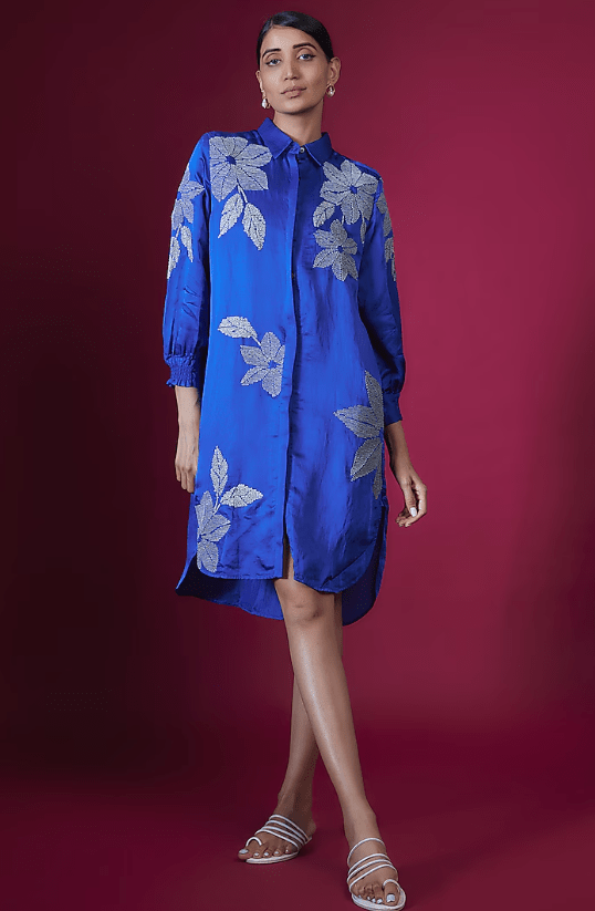 Egyptian Blue Linen Satin Floral Hand & Machine Embellished Tunic