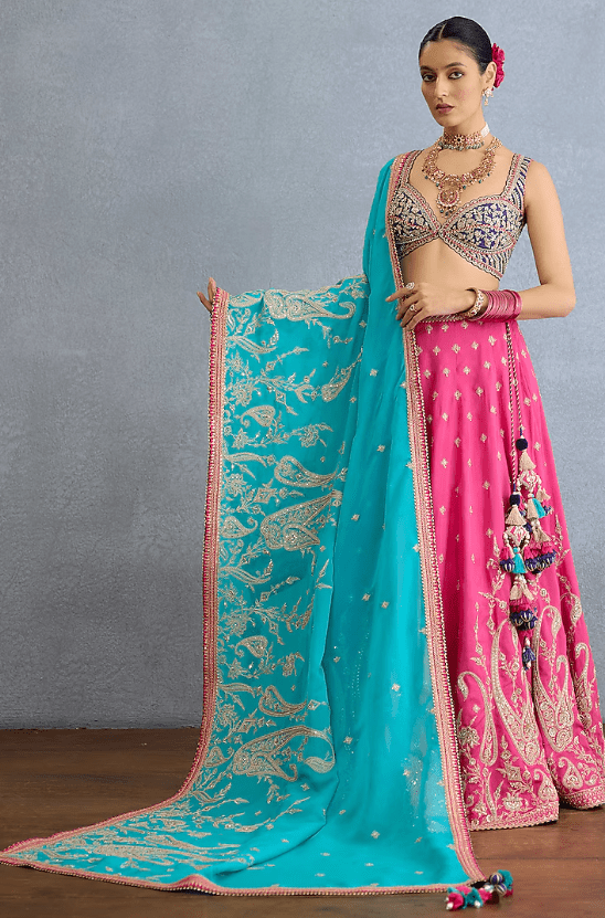Pink Muslin Silk Zari Hand Embellished Lehenga Set