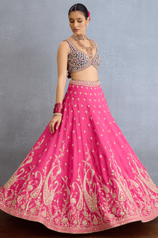 Pink Muslin Silk Zari Hand Embellished Lehenga Set - Image 2