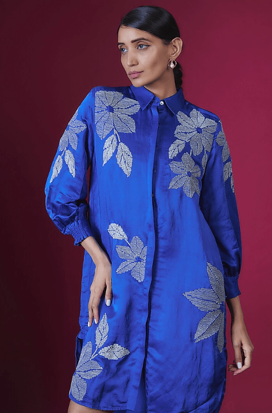 Egyptian Blue Linen Satin Floral Hand & Machine Embellished Tunic - Image 3