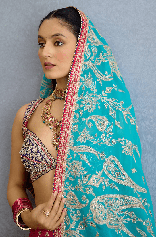 Pink Muslin Silk Zari Hand Embellished Lehenga Set - Image 5