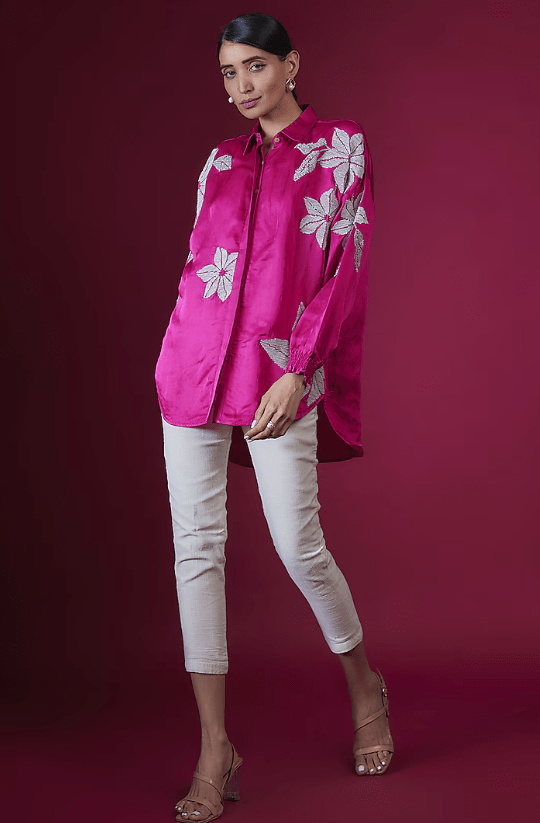Fuchsia Linen Satin Floral Hand & Machine Embellished Shirt