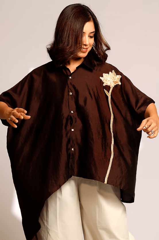 Brown Pure Silk Hand Embroidered Asymmetric Shirt