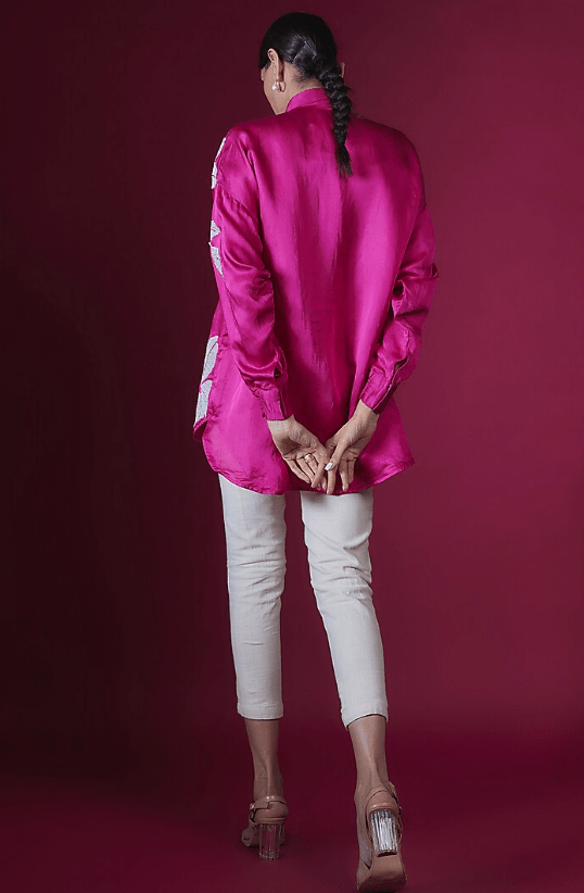 Fuchsia Linen Satin Floral Hand & Machine Embellished Shirt - Image 2