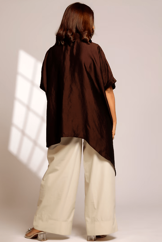 Brown Pure Silk Hand Embroidered Asymmetric Shirt - Image 2