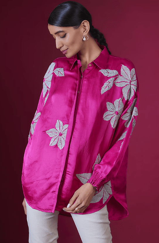 Fuchsia Linen Satin Floral Hand & Machine Embellished Shirt - Image 3