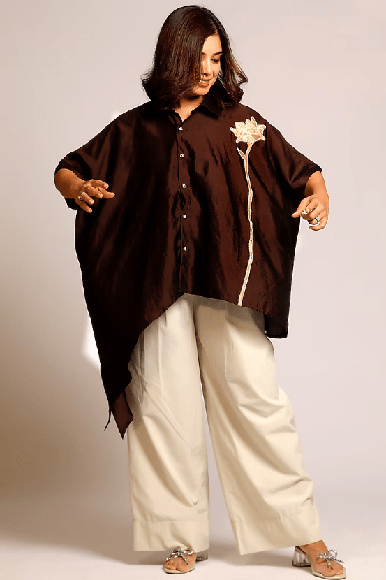Brown Pure Silk Hand Embroidered Asymmetric Shirt - Image 3