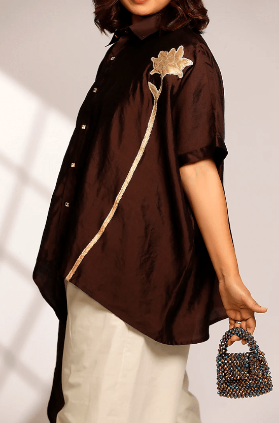 Brown Pure Silk Hand Embroidered Asymmetric Shirt - Image 4