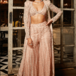 Rose Pink & Gold Double Georgette Thread Embroidered Sharara Set