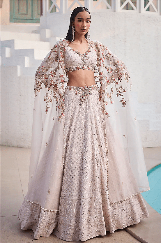 Ivory Chiffon Chikankari Hand Embroidered Lehenga Set