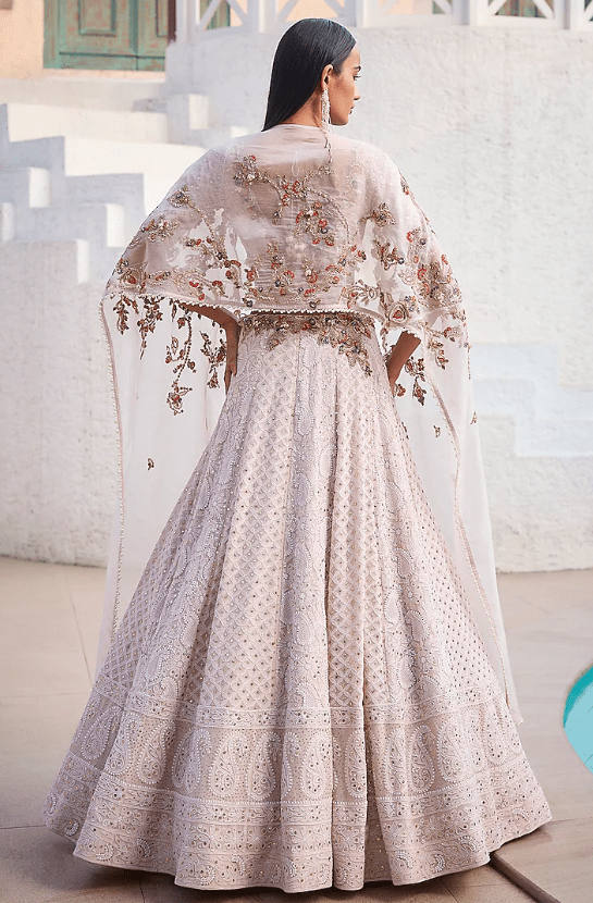 Ivory Chiffon Chikankari Hand Embroidered Lehenga Set - Image 2