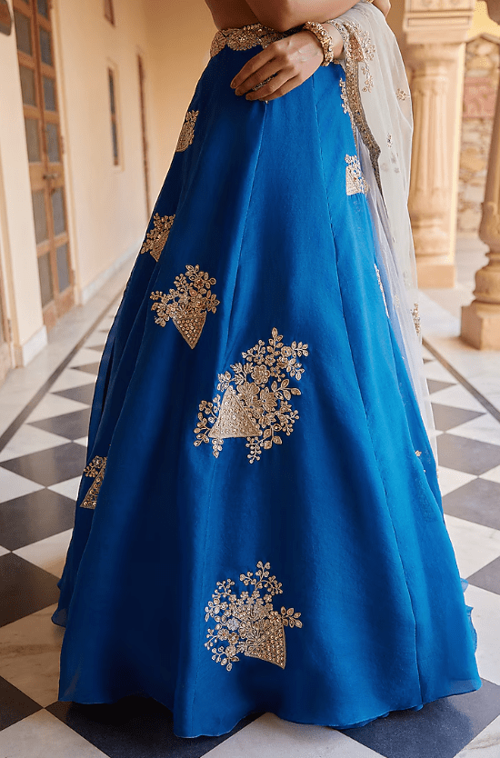 Blueberry Organza Aari Work Handcrafted Lehenga Set - Image 3