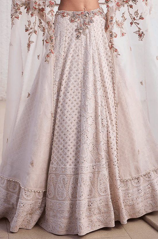 Ivory Chiffon Chikankari Hand Embroidered Lehenga Set - Image 3