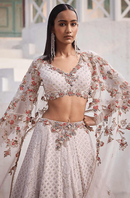 Ivory Chiffon Chikankari Hand Embroidered Lehenga Set - Image 4