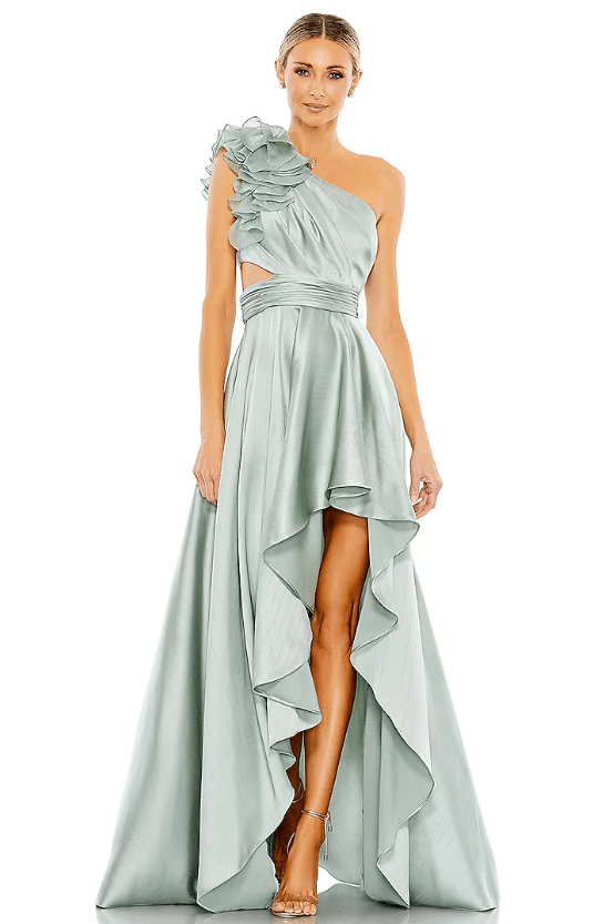 Sage Green Metallic One-Shoulder Ruffled Gown