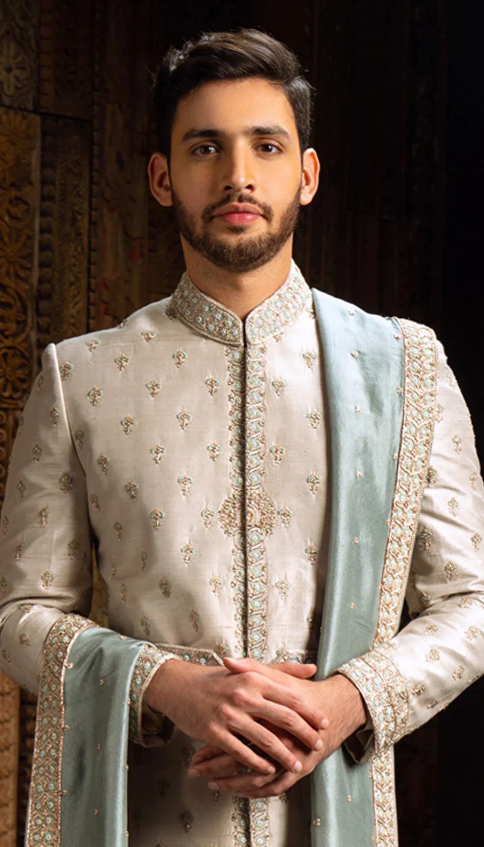 Mystic Blue Raw Silk Sherwani - Image 2