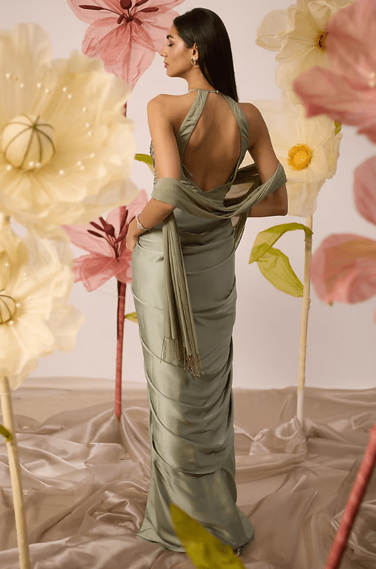 Jade Green Modal Satin Hand Embroidered Halter-Neck Straight Gown - Image 2