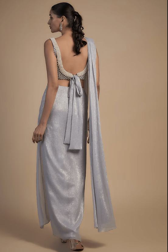 Lilac Shimmer Chiffon Hand & Machine Embellished Pre-Draped Saree Set - Image 2
