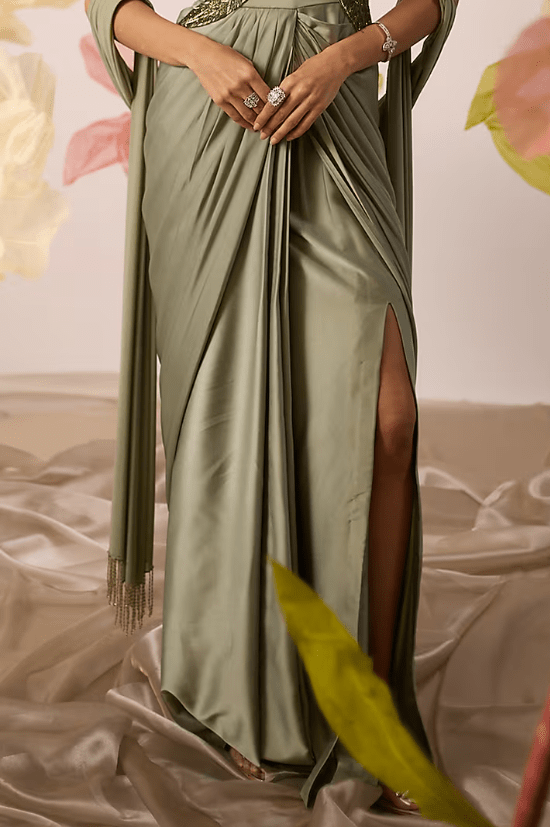 Jade Green Modal Satin Hand Embroidered Halter-Neck Straight Gown - Image 3