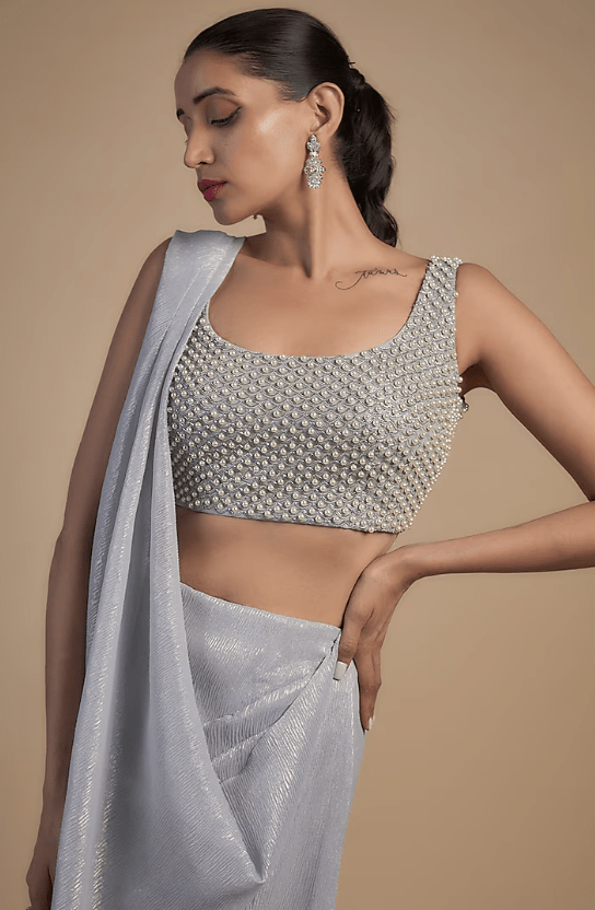 Lilac Shimmer Chiffon Hand & Machine Embellished Pre-Draped Saree Set - Image 3