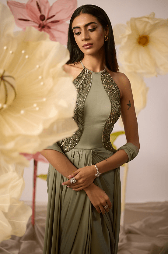 Jade Green Modal Satin Hand Embroidered Halter-Neck Straight Gown - Image 4