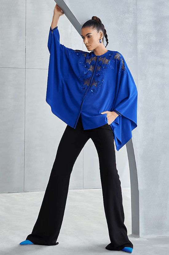 Egyptian Blue Textured Crepe Embellished Kaftan Top