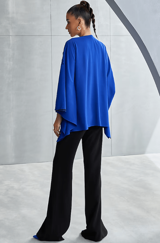 Egyptian Blue Textured Crepe Embellished Kaftan Top - Image 2
