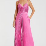 Pink Polyester Pleated Wide-Leg Jumpsuit