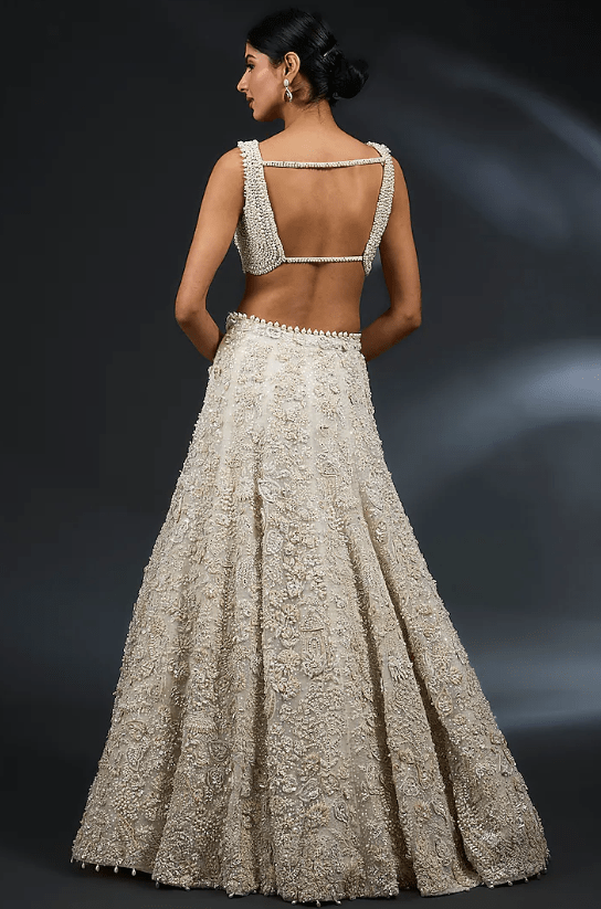Ivory Net Thread & Pearl Embroidered Lehenga Set - Image 2