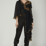 Black Embroidered Draped Top With Dhoti Pants