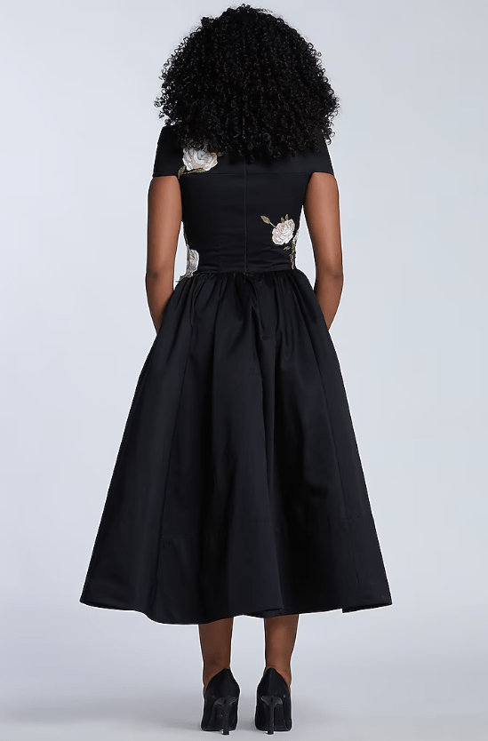 Black Cotton Botanical Thread Embroidered Midi Dress - Image 2