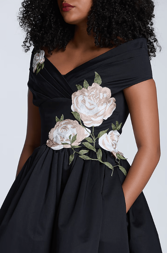 Black Cotton Botanical Thread Embroidered Midi Dress - Image 3