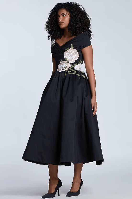 Black Cotton Botanical Thread Embroidered Midi Dress - Image 4