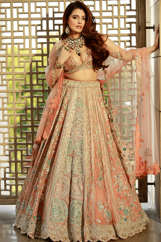 Coral Organza Zardosi Embroidered Lehenga Set