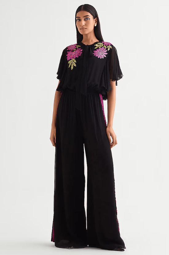 Black Georgette Frilled Boxy Jumpsuit