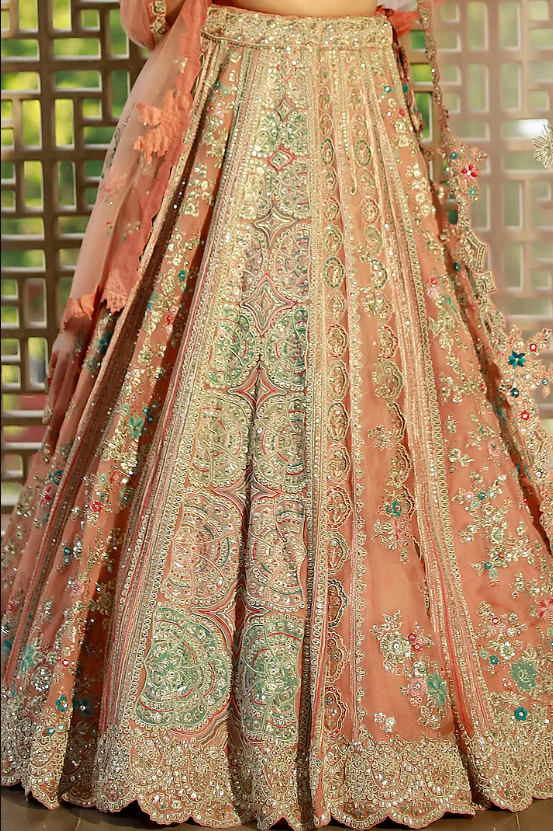 Coral Organza Zardosi Embroidered Lehenga Set - Image 3