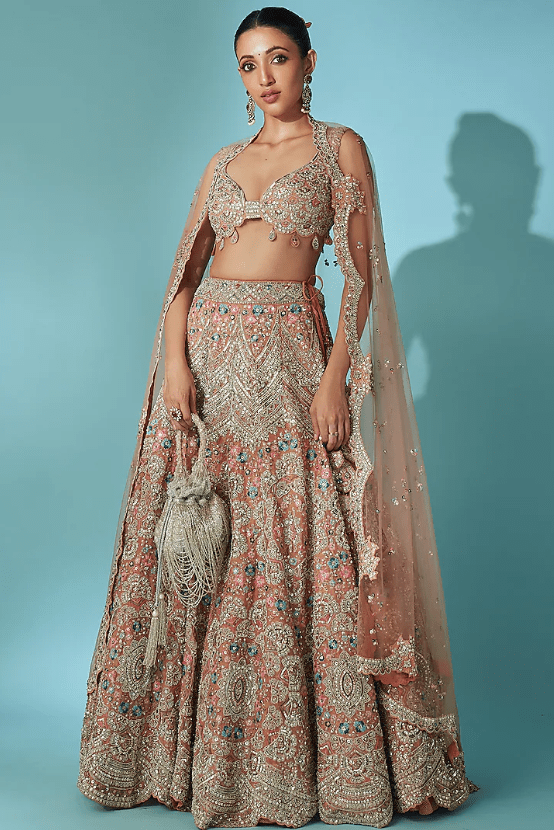 Coral Organza Zardosi Embroidered Lehenga Set
