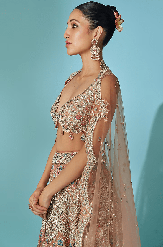 Coral Organza Zardosi Embroidered Lehenga Set - Image 2