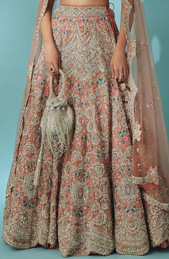 Coral Organza Zardosi Embroidered Lehenga Set - Image 3