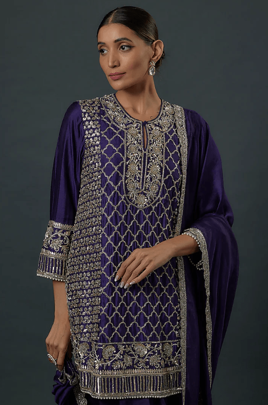 Purple Silk Zardosi Embroidered Kurta Set - Image 4