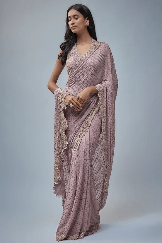 Lilac Chiffon Kamdani Jaal Embroidered Saree Set