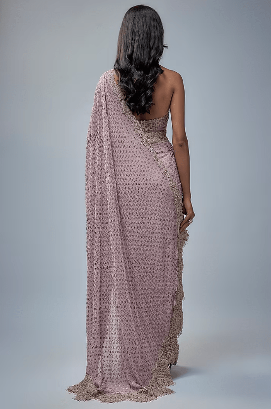 Lilac Chiffon Kamdani Jaal Embroidered Saree Set - Image 2