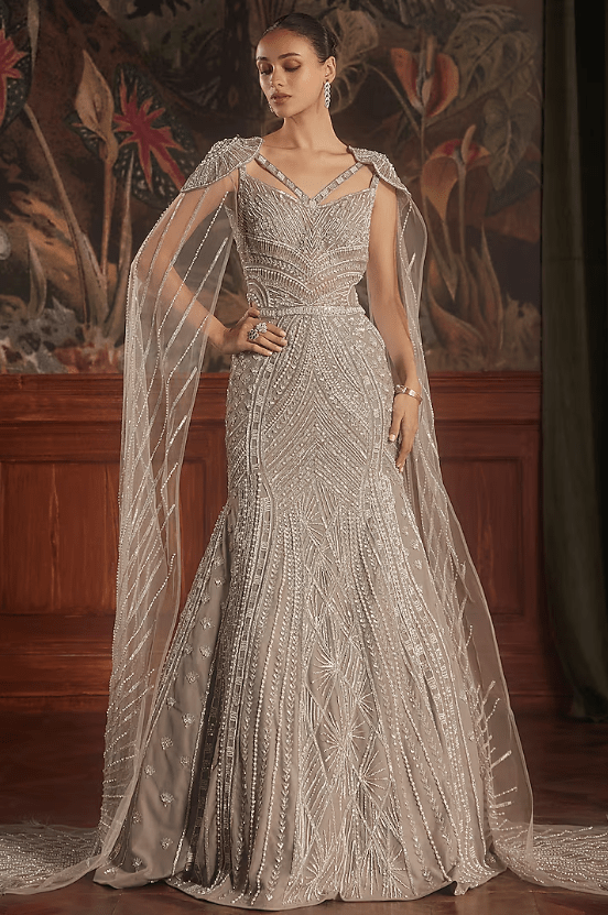 Taupe Grey Hand Embroidered Mermaid Gown