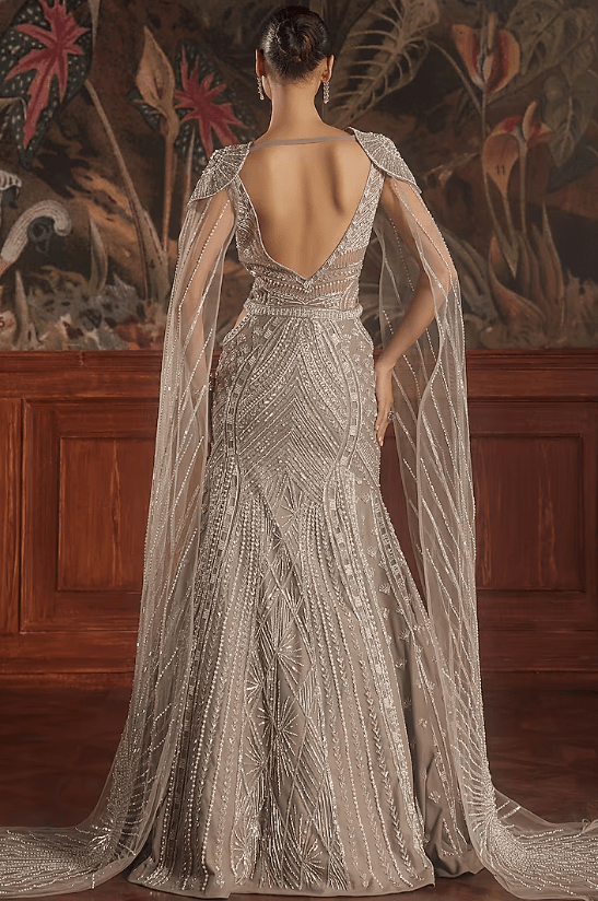 Taupe Grey Hand Embroidered Mermaid Gown - Image 2