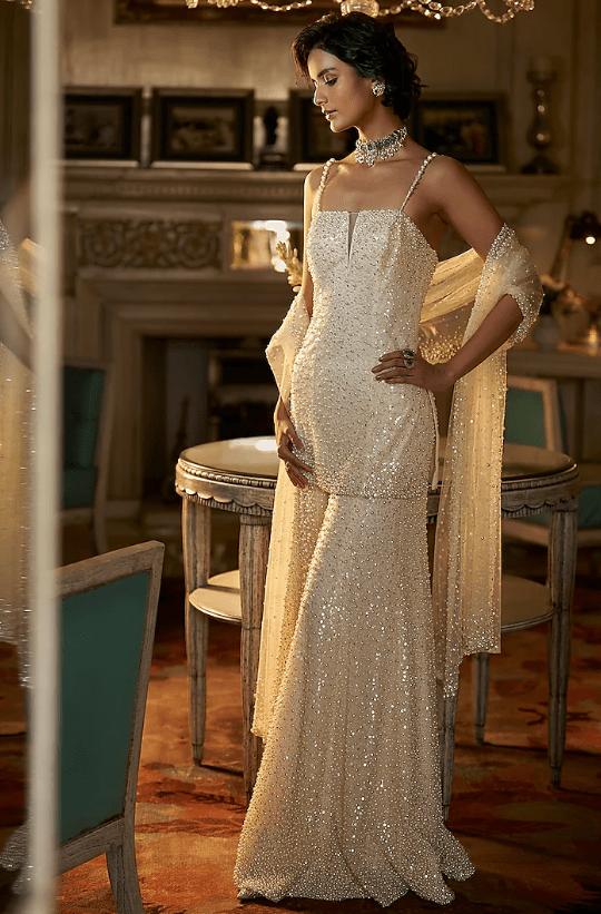 Ivory Net Diamante Work Sharara Set