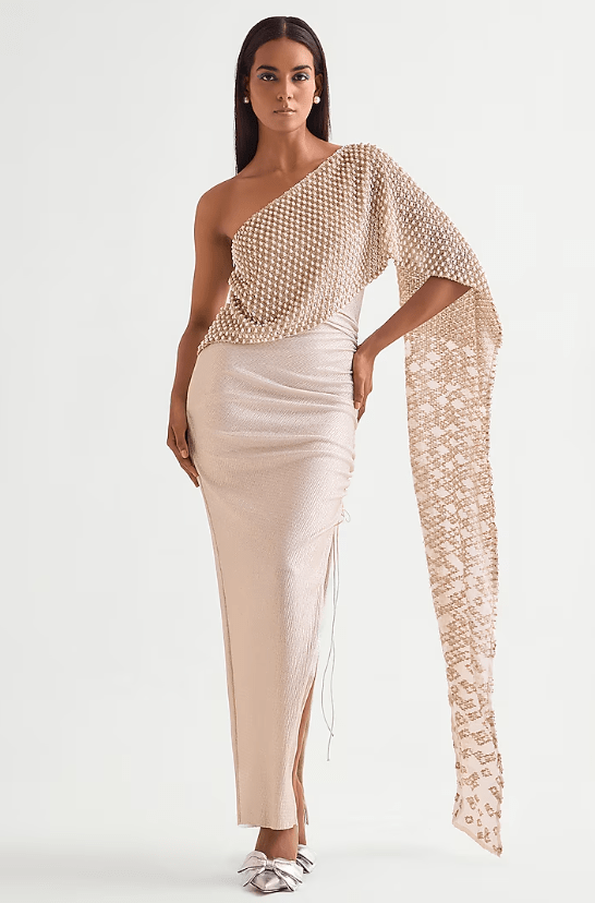 Ivory Shimmer Jersey Pearl Drop Off-Shoulder Gown