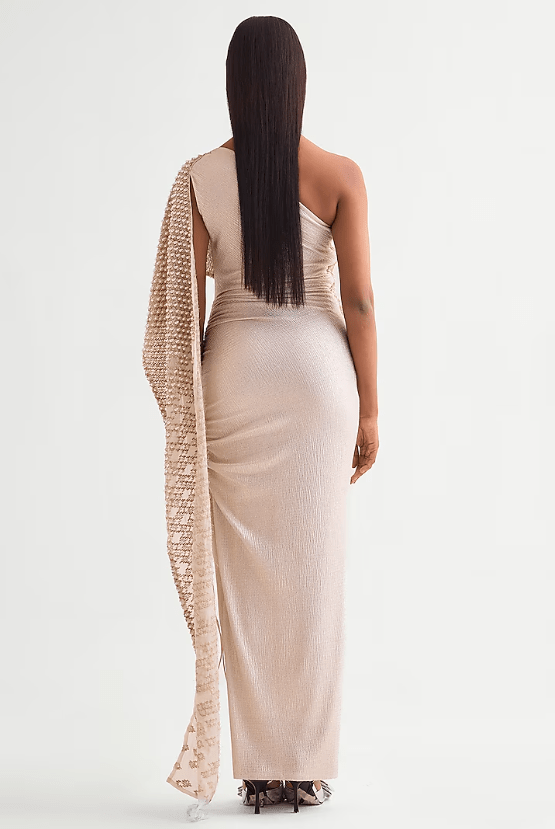 Ivory Shimmer Jersey Pearl Drop Off-Shoulder Gown - Image 2