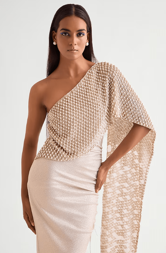 Ivory Shimmer Jersey Pearl Drop Off-Shoulder Gown - Image 3
