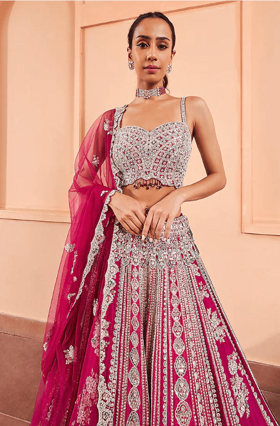 Sangria Plum Organza Linear Embroidered Lehenga Set - Image 4