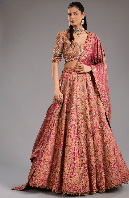 Fuchsia Silk Paisley Motif Hand Embroidered Lehenga Set